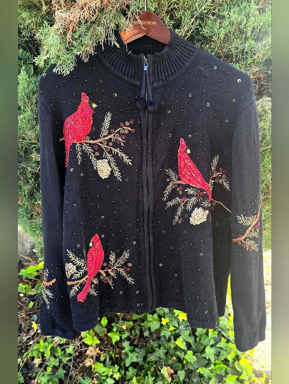 Heirloom Collectibles Black Cardinal Sweater Zip Front Sequined Embroidered M
